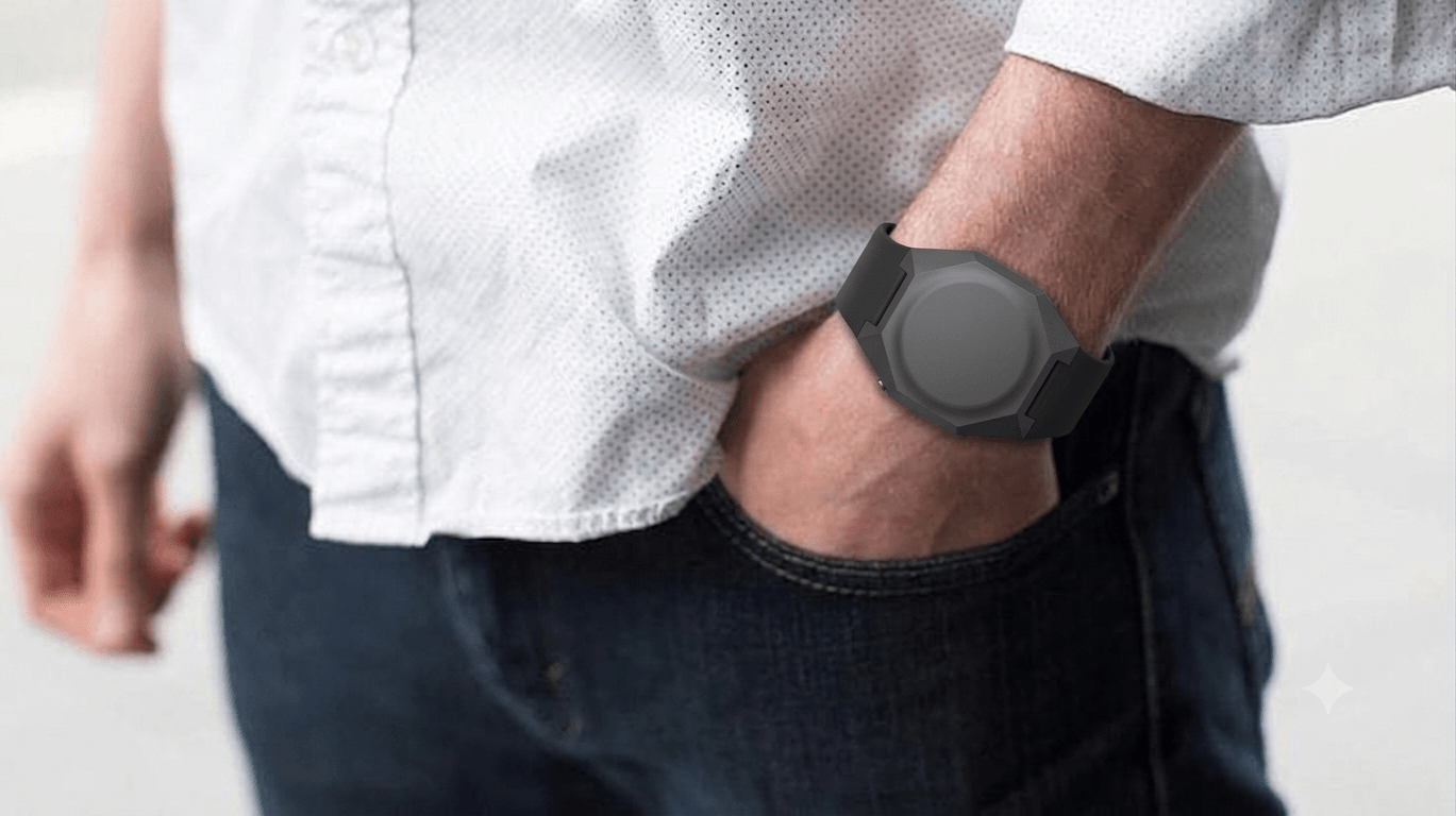 Man with his hand in his pocket, wearing a dark wrist-worn wellness device