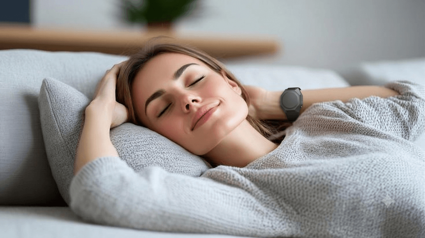 Woman resting peacefully on a couch, wearing a dark wrist-worn wellness device