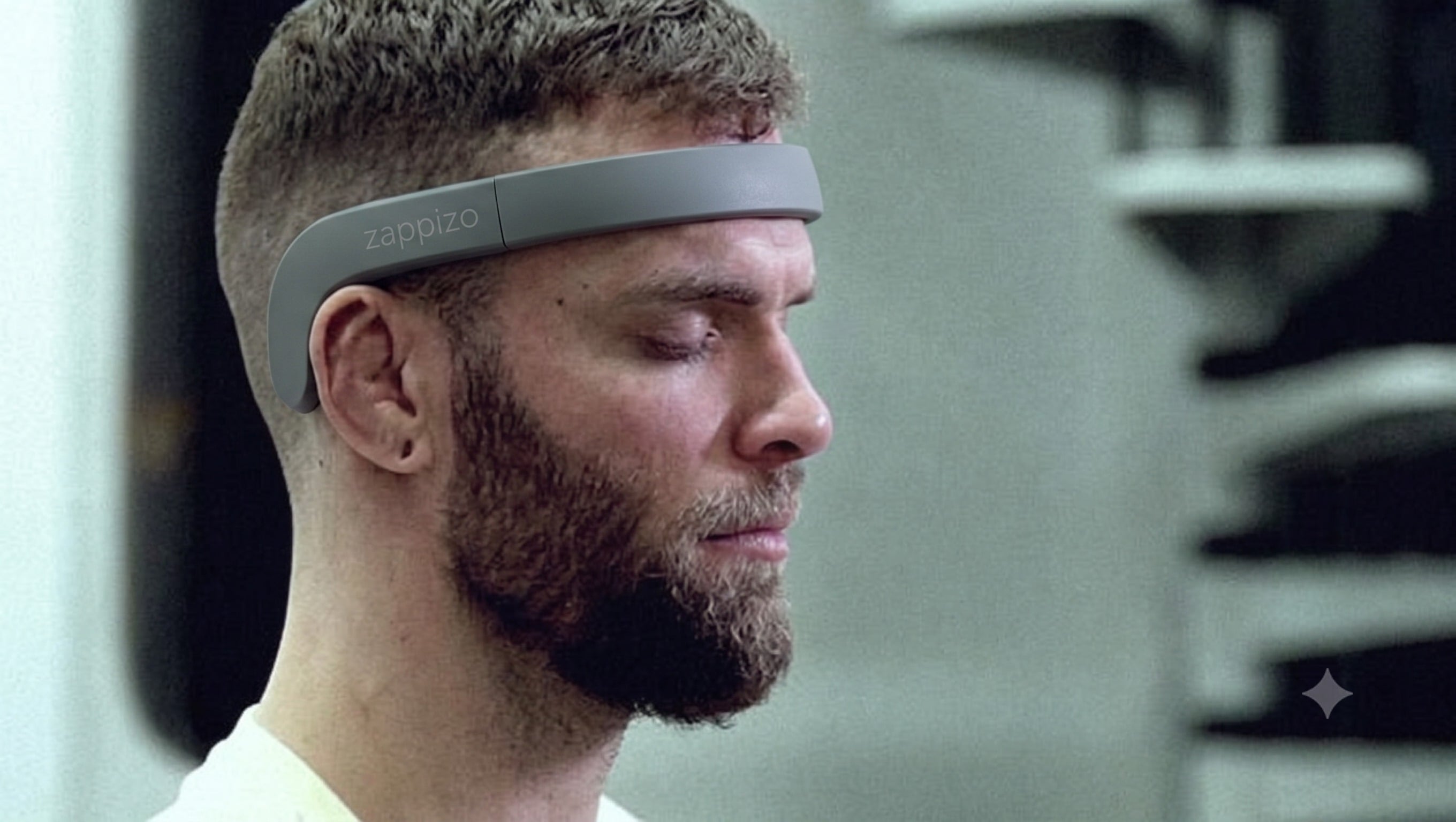 Man wearing the ZAPPIZO neuromodulation headband, eyes closed