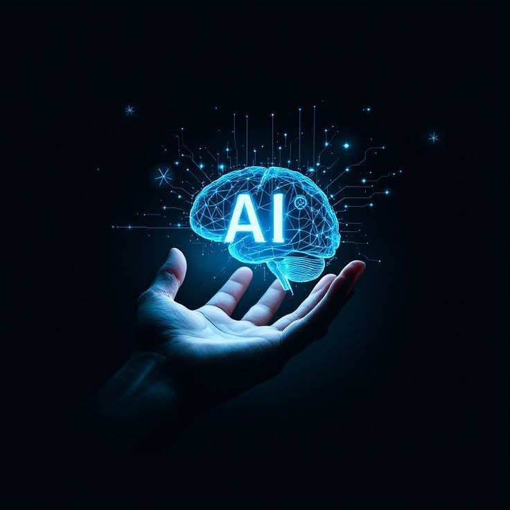 Glowing holographic blue brain hovering over a hand in dark background