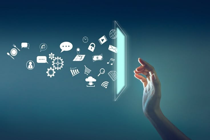 Hand touching interactive screen with floating digital application icons