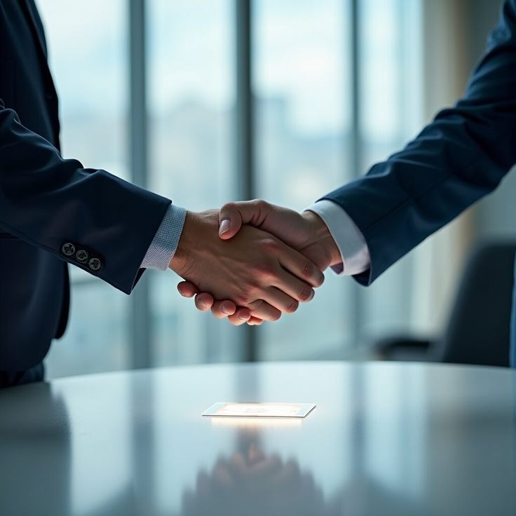 Business partners shake hands in sunlit office room