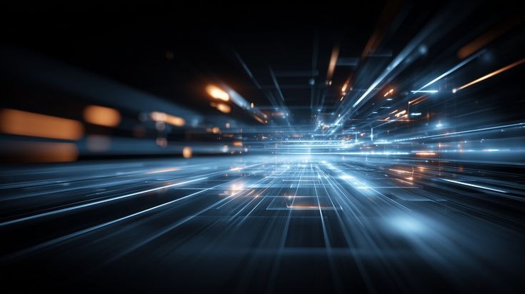 Futuristic grid tunnel displaying high speed data momentum streaks